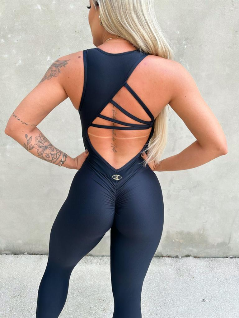Iris Fitness Scrunch Booty Wave Jumpsuit with Back Rings — Black