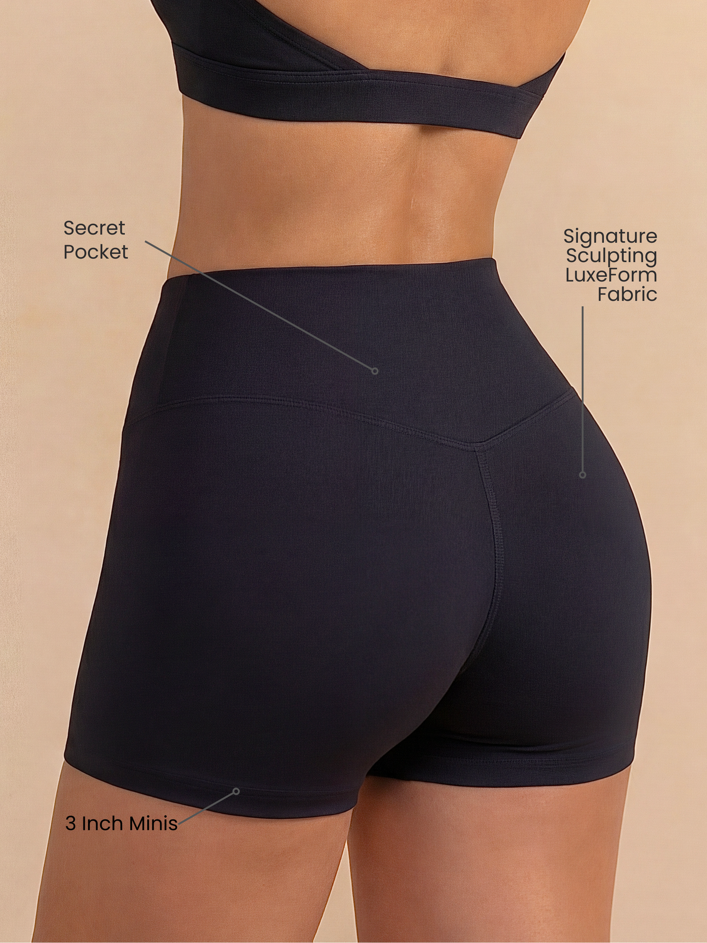 Women's Mini Sculpting Shorts 3 Inch – Black | LuxeForm™ Criss-Cross Waistband with Pocket