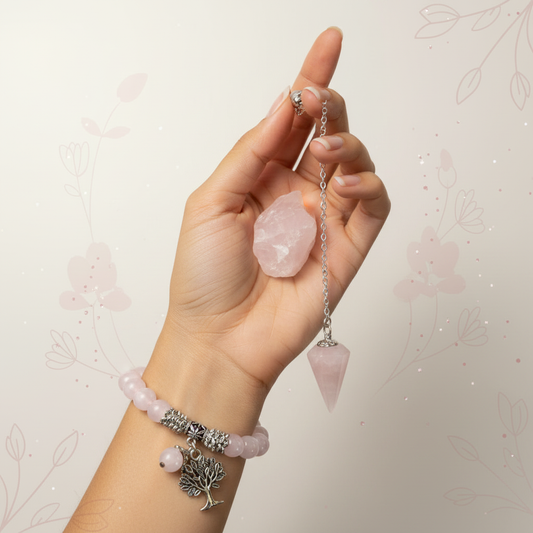 Rose quartz bracelet with silver tree charm, raw crystal, and pendulum displayed in woman's hand