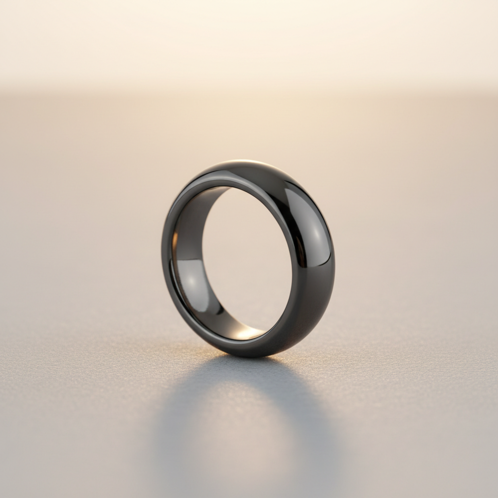 Solid smooth dark gunmetal hematite ring on soft gray surface with warm studio lighting