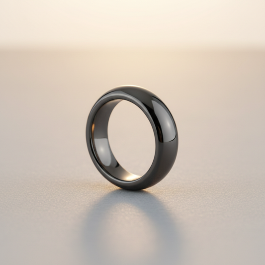 Solid smooth dark gunmetal hematite ring on soft gray surface with warm studio lighting