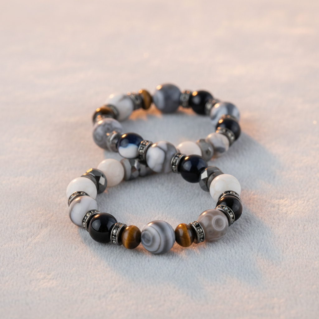 Orca's Armor triple protection healing bracelet with ocean-toned crystal beads on soft gray surface