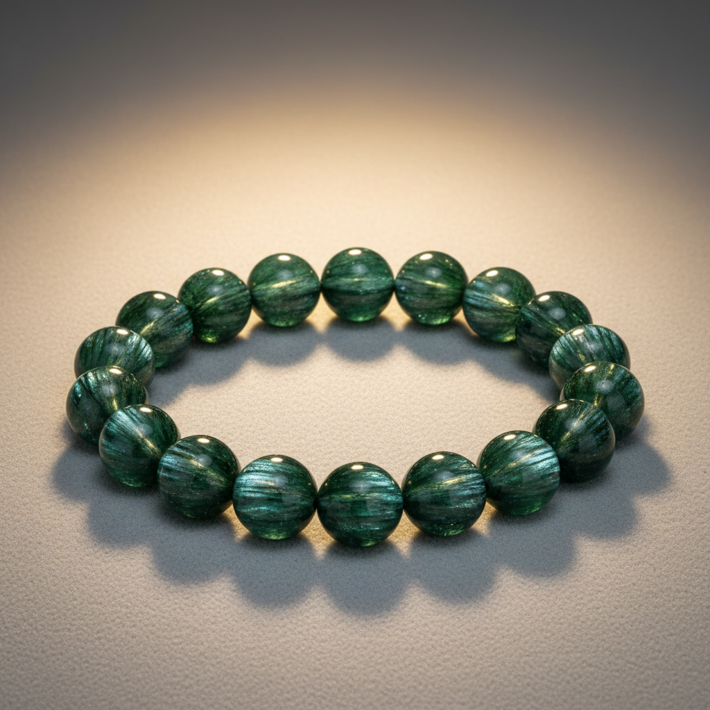 Seraphinite crystal bead bracelet with silver feather-like shimmer on soft gray surface with warm studio lighting