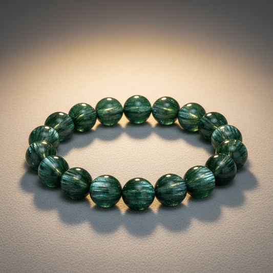 Seraphinite crystal bead bracelet with silver feather-like shimmer on soft gray surface with warm studio lighting